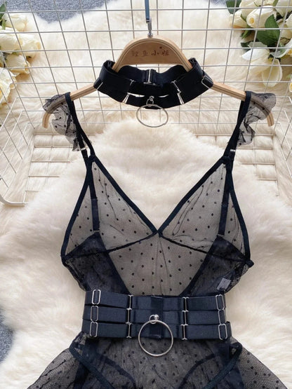 ssTss Ins trendy Girl Sexy Mesh Bottom Strap V-neck one-piece Top bodysuit women's Slimming Waist Ruffle Hemp Vest Jumpsuit - A-1 Thread Vault