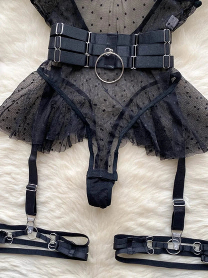 ssTss Ins trendy Girl Sexy Mesh Bottom Strap V-neck one-piece Top bodysuit women's Slimming Waist Ruffle Hemp Vest Jumpsuit - A-1 Thread Vault