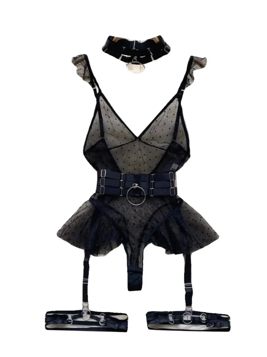 ssTss Ins trendy Girl Sexy Mesh Bottom Strap V-neck one-piece Top bodysuit women's Slimming Waist Ruffle Hemp Vest Jumpsuit - A-1 Thread Vault