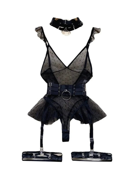 ssTss Ins trendy Girl Sexy Mesh Bottom Strap V-neck one-piece Top bodysuit women's Slimming Waist Ruffle Hemp Vest Jumpsuit - A-1 Thread Vault