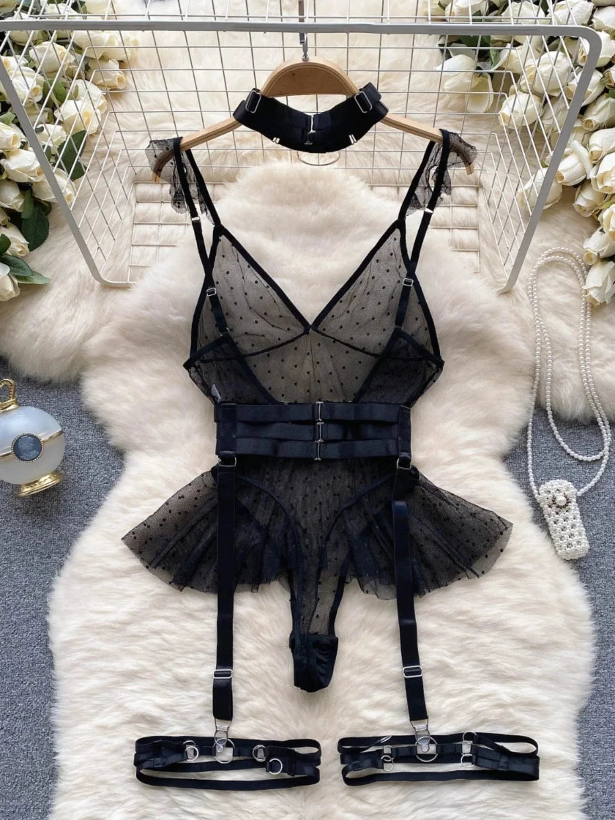 ssTss Ins trendy Girl Sexy Mesh Bottom Strap V-neck one-piece Top bodysuit women's Slimming Waist Ruffle Hemp Vest Jumpsuit - A-1 Thread Vault