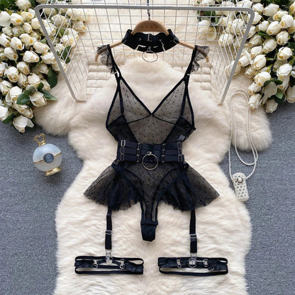 ssTss Ins trendy Girl Sexy Mesh Bottom Strap V-neck one-piece Top bodysuit women's Slimming Waist Ruffle Hemp Vest Jumpsuit - A-1 Thread Vault