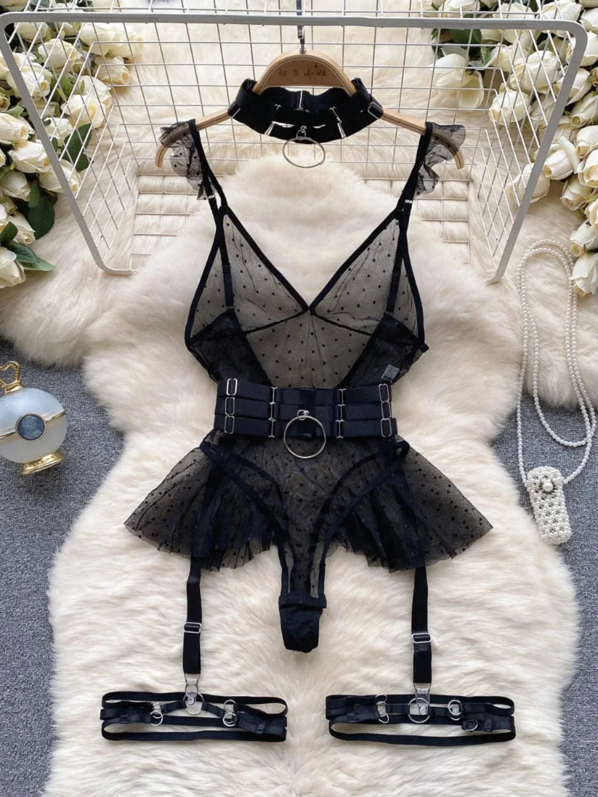 ssTss Ins trendy Girl Sexy Mesh Bottom Strap V-neck one-piece Top bodysuit women's Slimming Waist Ruffle Hemp Vest Jumpsuit - A-1 Thread Vault