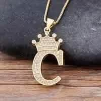 Stainless Steel Gold Overlay Hip Hop Crown A-Z Letters Necklace for Men and Women - A-1 Thread Vault