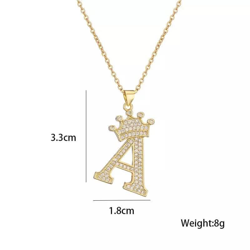 Stainless Steel Gold Overlay Hip Hop Crown A-Z Letters Necklace for Men and Women - A-1 Thread Vault