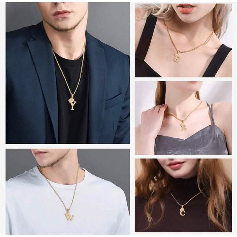 Stainless Steel Gold Overlay Hip Hop Crown A-Z Letters Necklace for Men and Women - A-1 Thread Vault