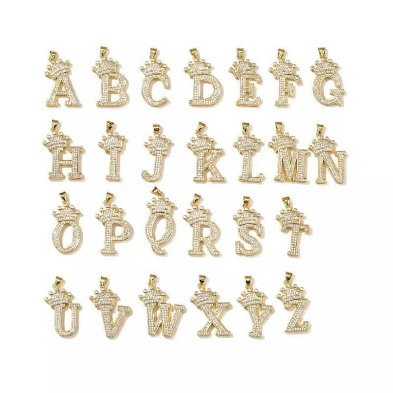 Stainless Steel Gold Overlay Hip Hop Crown A-Z Letters Necklace for Men and Women - A-1 Thread Vault