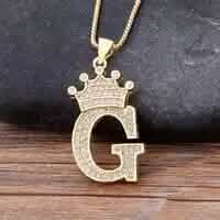 Stainless Steel Gold Overlay Hip Hop Crown A-Z Letters Necklace for Men and Women - A-1 Thread Vault