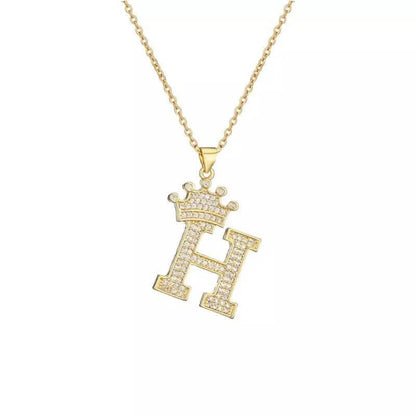 Stainless Steel Gold Overlay Hip Hop Crown A-Z Letters Necklace for Men and Women - A-1 Thread Vault