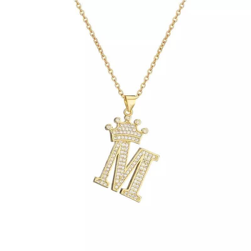 Stainless Steel Gold Overlay Hip Hop Crown A-Z Letters Necklace for Men and Women - A-1 Thread Vault