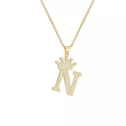 Stainless Steel Gold Overlay Hip Hop Crown A-Z Letters Necklace for Men and Women - A-1 Thread Vault