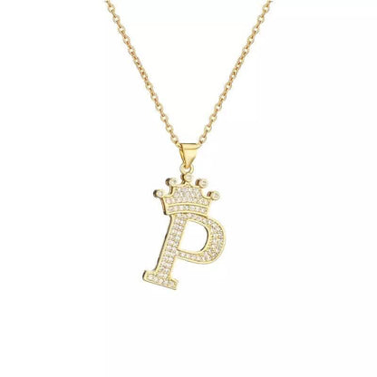 Stainless Steel Gold Overlay Hip Hop Crown A-Z Letters Necklace for Men and Women - A-1 Thread Vault