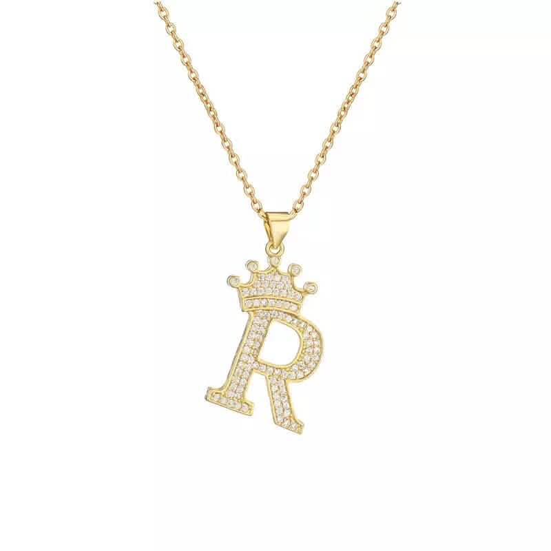 Stainless Steel Gold Overlay Hip Hop Crown A-Z Letters Necklace for Men and Women - A-1 Thread Vault
