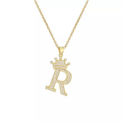 Stainless Steel Gold Overlay Hip Hop Crown A-Z Letters Necklace for Men and Women - A-1 Thread Vault