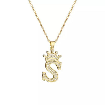 Stainless Steel Gold Overlay Hip Hop Crown A-Z Letters Necklace for Men and Women - A-1 Thread Vault