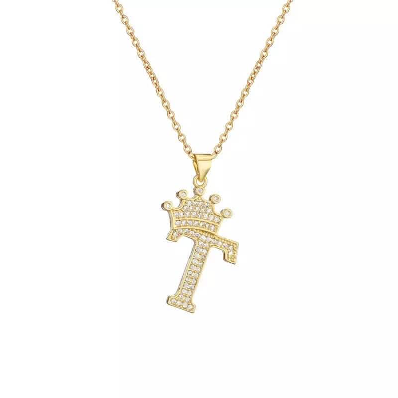 Stainless Steel Gold Overlay Hip Hop Crown A-Z Letters Necklace for Men and Women - A-1 Thread Vault