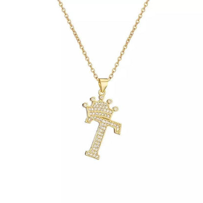 Stainless Steel Gold Overlay Hip Hop Crown A-Z Letters Necklace for Men and Women - A-1 Thread Vault