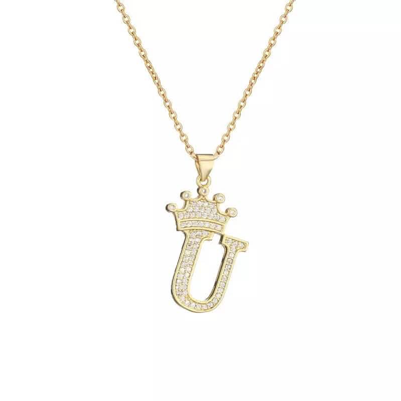Stainless Steel Gold Overlay Hip Hop Crown A-Z Letters Necklace for Men and Women - A-1 Thread Vault