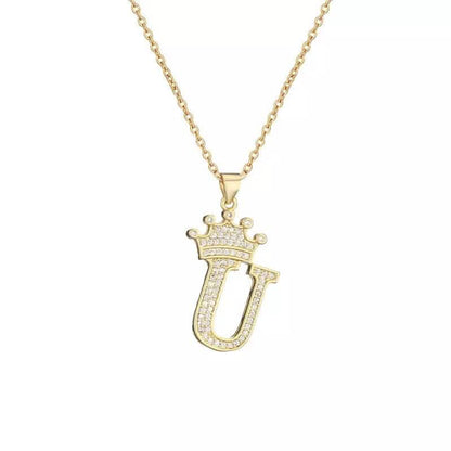 Stainless Steel Gold Overlay Hip Hop Crown A-Z Letters Necklace for Men and Women - A-1 Thread Vault