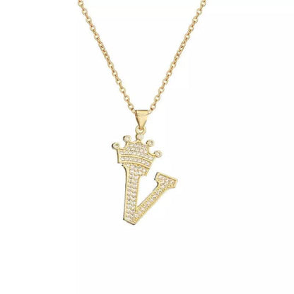 Stainless Steel Gold Overlay Hip Hop Crown A-Z Letters Necklace for Men and Women - A-1 Thread Vault