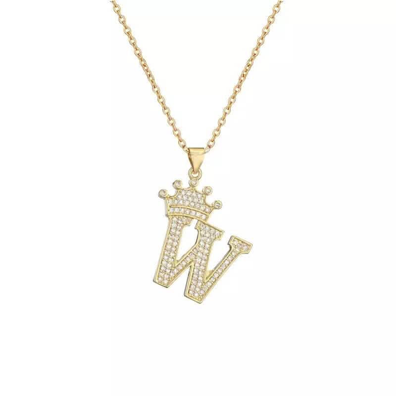Stainless Steel Gold Overlay Hip Hop Crown A-Z Letters Necklace for Men and Women - A-1 Thread Vault