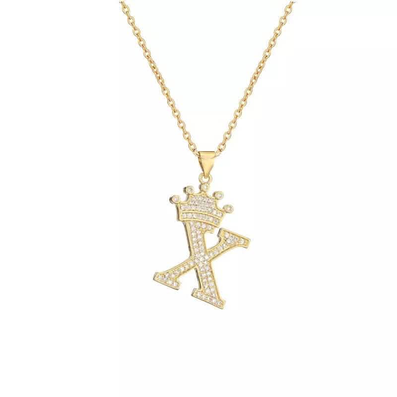 Stainless Steel Gold Overlay Hip Hop Crown A-Z Letters Necklace for Men and Women - A-1 Thread Vault