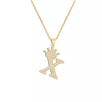 Stainless Steel Gold Overlay Hip Hop Crown A-Z Letters Necklace for Men and Women - A-1 Thread Vault