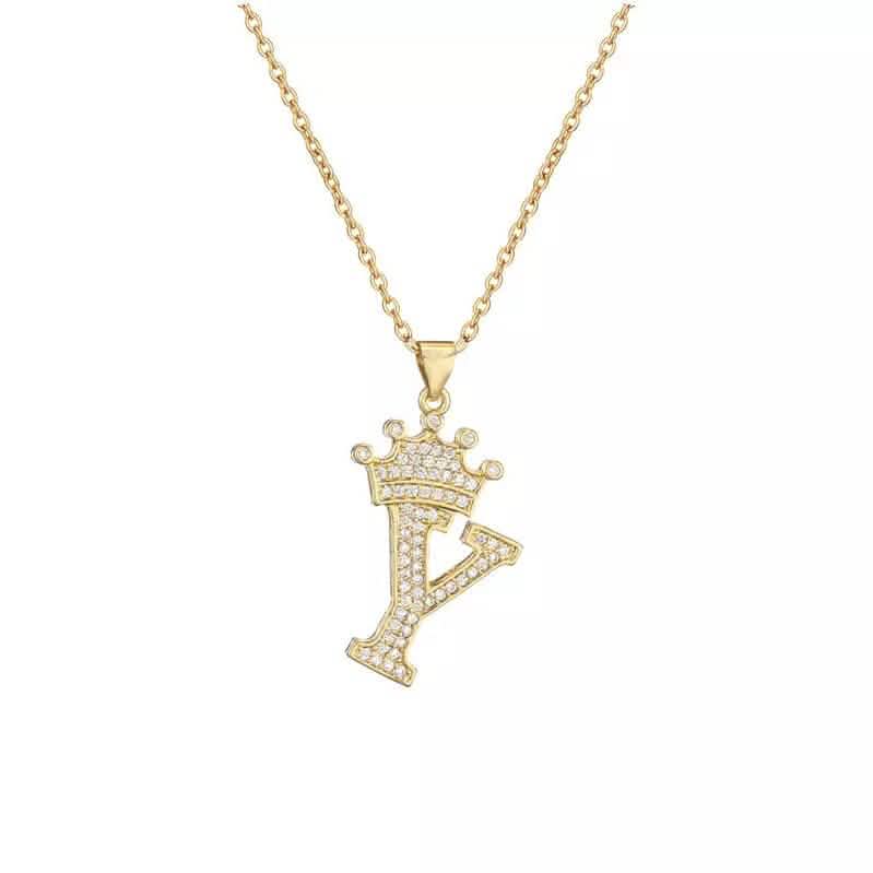 Stainless Steel Gold Overlay Hip Hop Crown A-Z Letters Necklace for Men and Women - A-1 Thread Vault