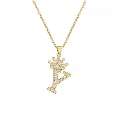 Stainless Steel Gold Overlay Hip Hop Crown A-Z Letters Necklace for Men and Women - A-1 Thread Vault