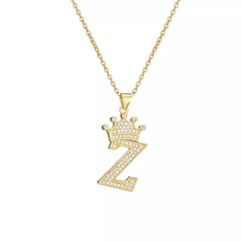 Stainless Steel Gold Overlay Hip Hop Crown A-Z Letters Necklace for Men and Women - A-1 Thread Vault