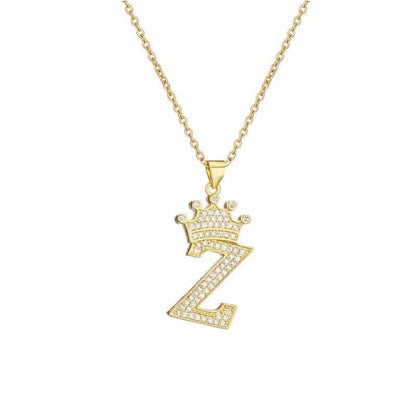 Stainless Steel Gold Overlay Hip Hop Crown A-Z Letters Necklace for Men and Women - A-1 Thread Vault