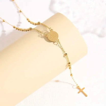 Stainless Steel St. Benedict Pattern Golden Rosary Cross Pendant Necklace - A-1 Thread Vault