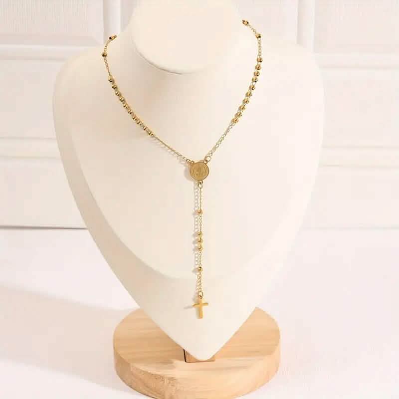 Stainless Steel St. Benedict Pattern Golden Rosary Cross Pendant Necklace - A-1 Thread Vault