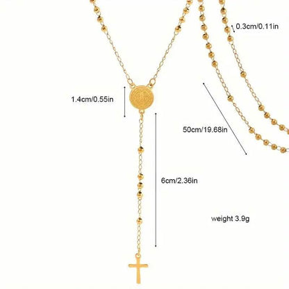 Stainless Steel St. Benedict Pattern Golden Rosary Cross Pendant Necklace - A-1 Thread Vault
