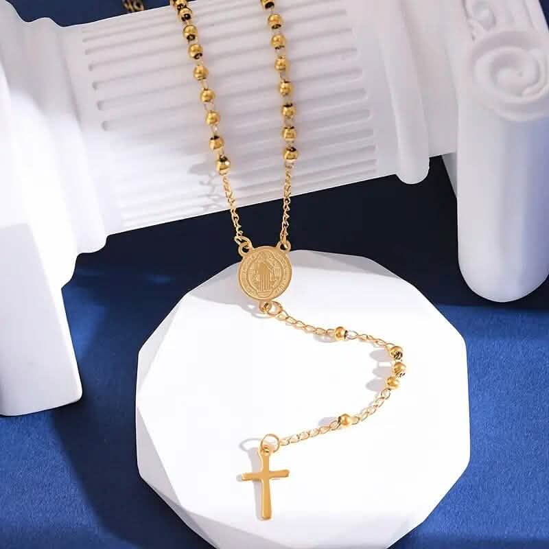Stainless Steel St. Benedict Pattern Golden Rosary Cross Pendant Necklace - A-1 Thread Vault