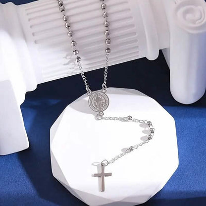 Stainless Steel St. Benedict Pattern Golden Rosary Cross Pendant Necklace - A-1 Thread Vault