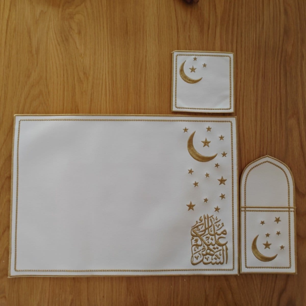 Star & Crescent Embroidered Leather Placemat Set | 3-Piece Dining Table Decor (MAC390) - A-1 Thread Vault