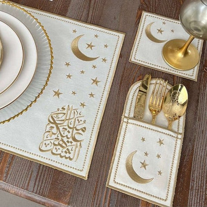 Star & Crescent Embroidered Leather Placemat Set | 3-Piece Dining Table Decor (MAC390) - A-1 Thread Vault