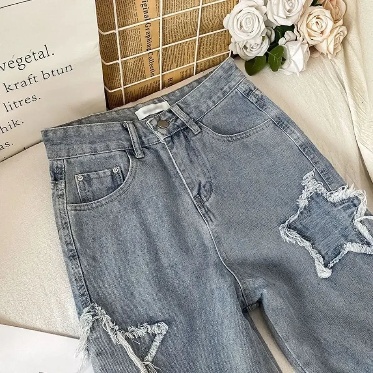 Star Patch Ripped High Waist Straight Leg Jeans – Women's Loose Fit Denim - A-1 Thread Vault
