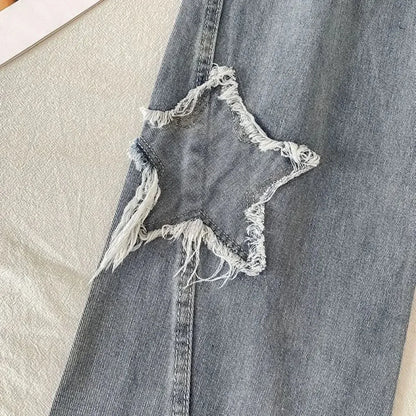 Star Patch Ripped High Waist Straight Leg Jeans – Women's Loose Fit Denim - A-1 Thread Vault