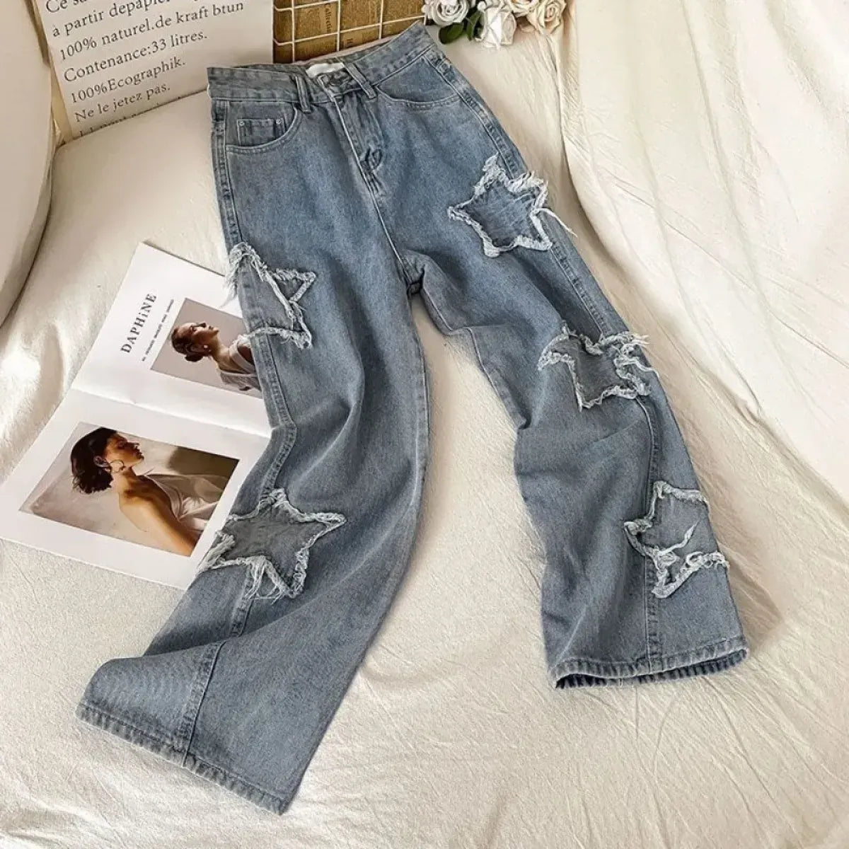 Star Patch Ripped High Waist Straight Leg Jeans – Women's Loose Fit Denim - A-1 Thread Vault