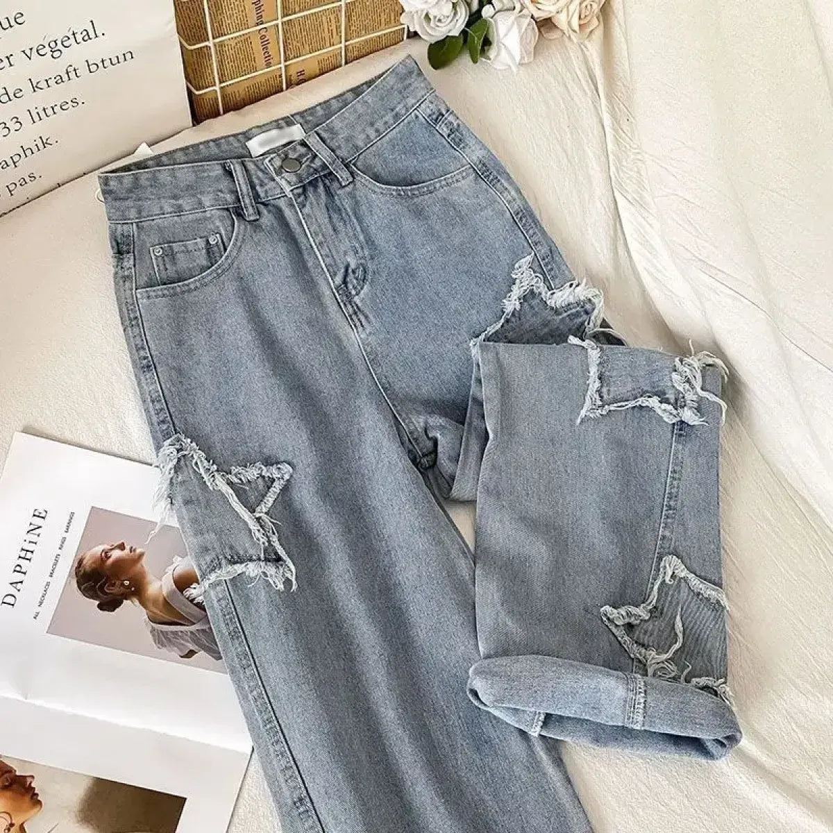 Star Patch Ripped High Waist Straight Leg Jeans – Women's Loose Fit Denim - A-1 Thread Vault
