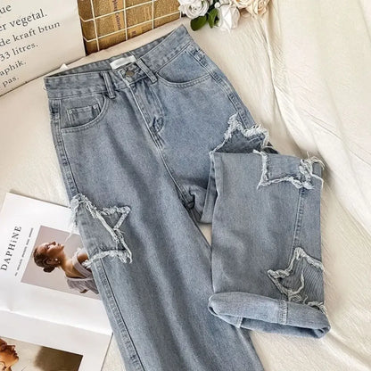 Star Patch Ripped High Waist Straight Leg Jeans – Women's Loose Fit Denim - A-1 Thread Vault