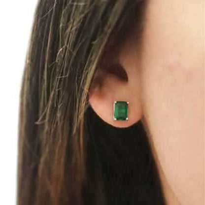 Sterling Silver 2.00 CTTW Emerald Cut Green Emerald Stud Earrings - A-1 Thread Vault