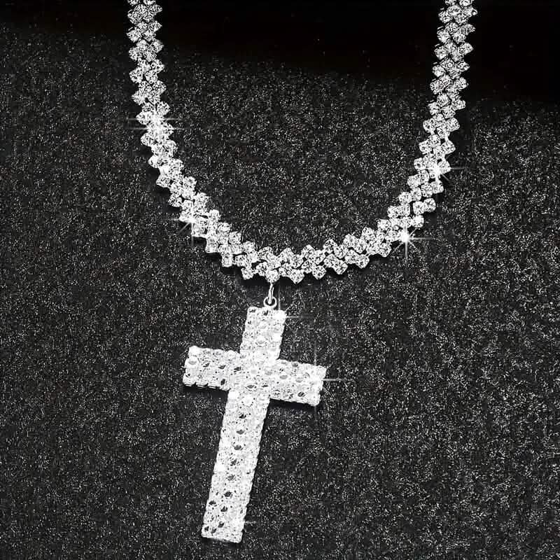 Sterling Silver 925 Luxury Cross Pendant Necklace with Multi-Layer Zircon and Sparkling Rhinestones - A-1 Thread Vault