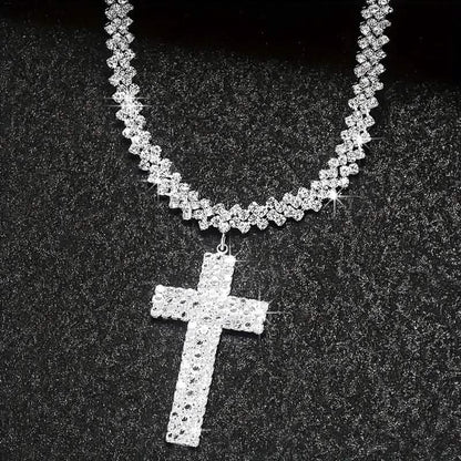 Sterling Silver 925 Luxury Cross Pendant Necklace with Multi-Layer Zircon and Sparkling Rhinestones - A-1 Thread Vault