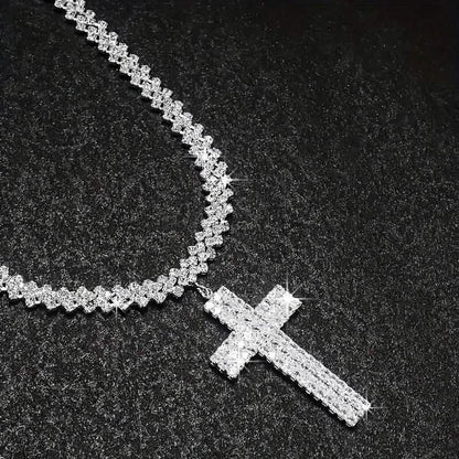 Sterling Silver 925 Luxury Cross Pendant Necklace with Multi-Layer Zircon and Sparkling Rhinestones - A-1 Thread Vault