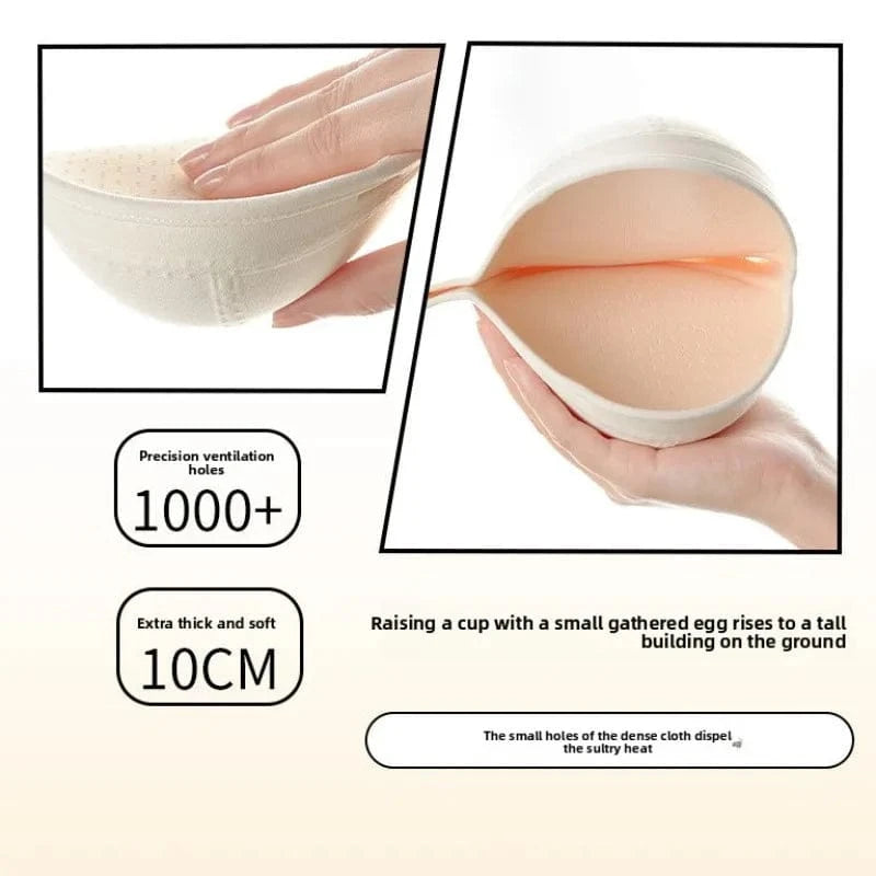 A beige padded bra cup insert is shown in two views, with one view highlighting the perforated fabric and the other showing the soft, thick interior structure alongside text labels about ventilation and thickness.