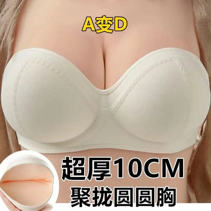 A strapless, beige-colored push-up bra is shown from the front, featuring thick, rounded cups and a small inset image showing the interior padding.