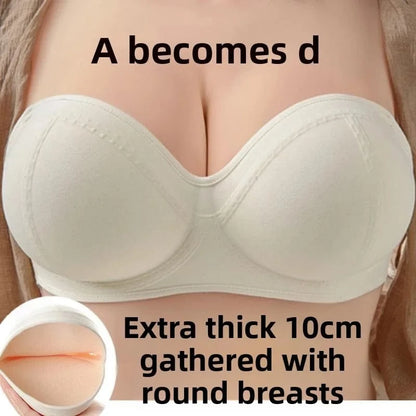 A beige strapless bra shown on a model with an inset image demonstrating its extra thick padded interior construction.